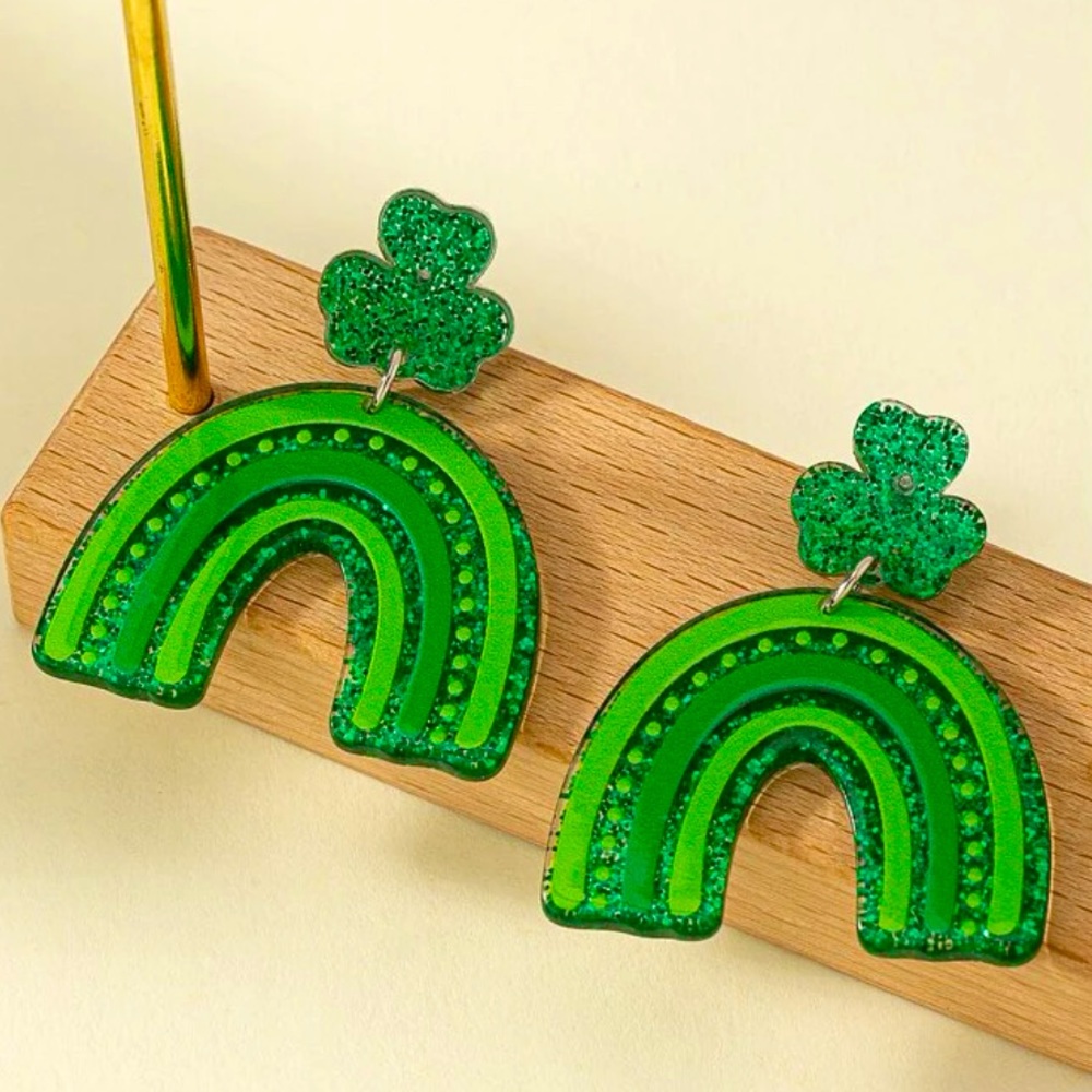 Clover and Rainbow Green Acrylic Earrings